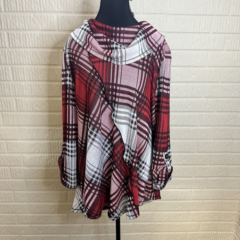 Ali Miles Plaid Cowl Neck 3/4 Sleeve Tunic Blouse Sz 1X Warm Spring Red White